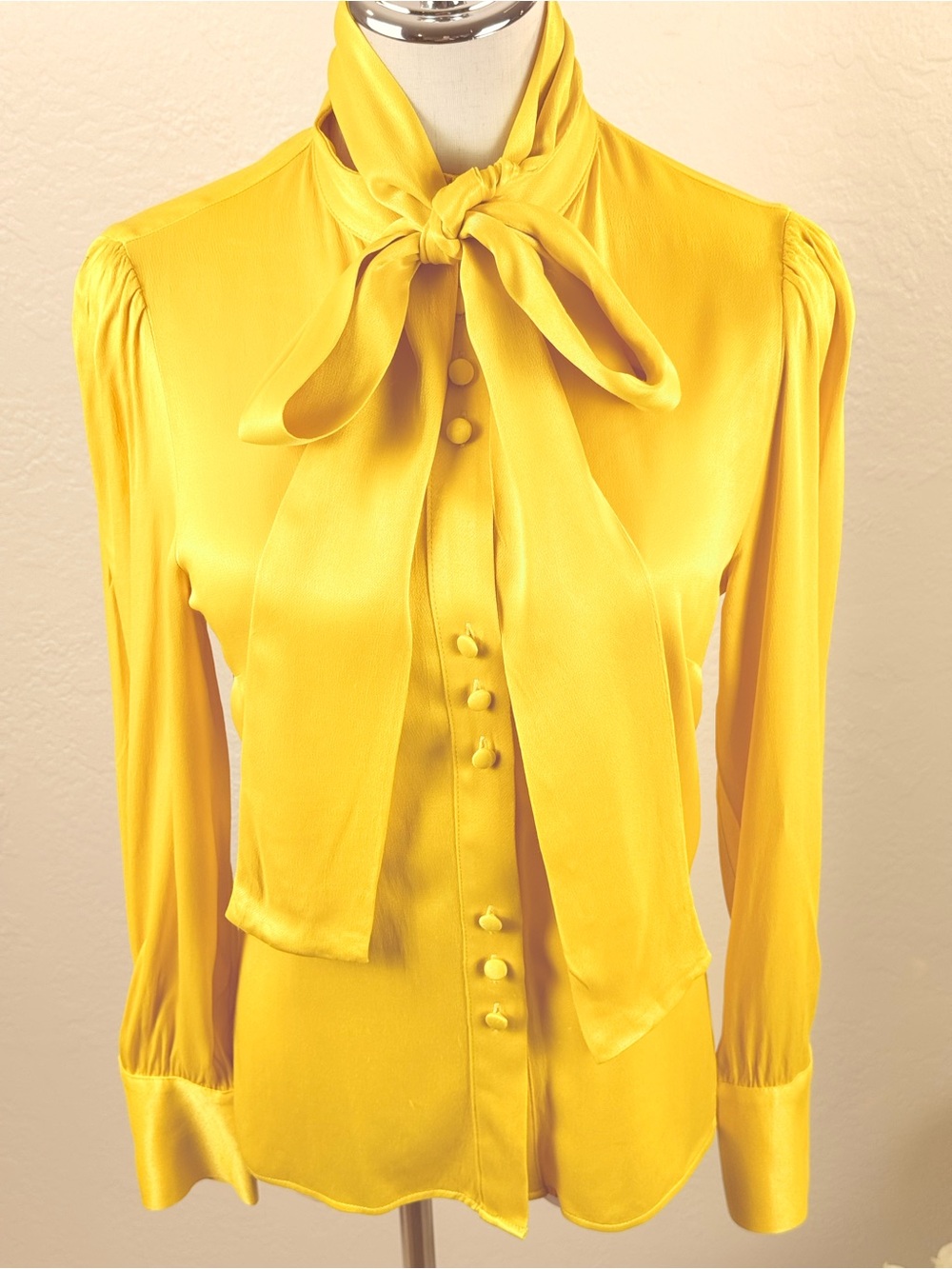 Zara Yellow Satin High Neck Bow Tie Blouse Size M Coquette‎ Balletcore